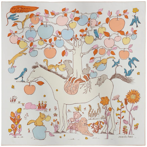 【新品未使用】 Hermes エルメス カレ90《ル・ポミエ・セリエ》 スカーフ SCARF 白 / ブルー・グラシエ / アプリコット シルク100％ 新品未使用 100%SILK