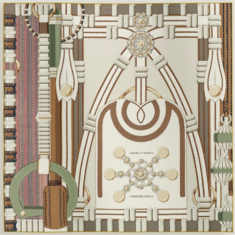 【新品未使用】 Hermes エルメス カレ 90 《銀細工の花》 小物 クレーム / エトゥープ / カーキ シルク100％ スカーフ 新品未使用 SILK