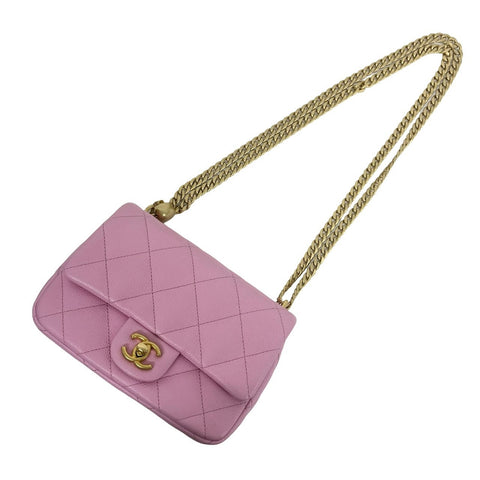 【Usado】 CHANEL Chanel MINI MATELASSÉ Mini Matelassé con herrajes de corazón, bolso con solapa, bandolera, número de serie aleatorio (2021~), rosa, piel de caviar, bolso usado.