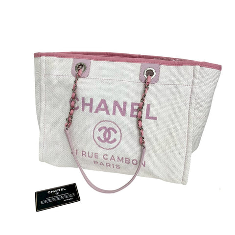【Excelente estado】 CHANEL Deauville Tote Bag, línea 21 (2015-2016), blanco/rosa, lona/cuero, seminuevo, bolso.