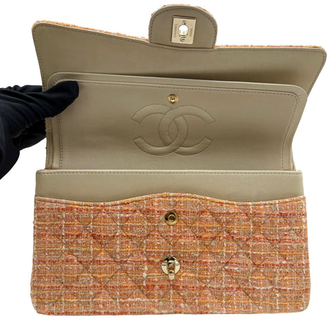 [Pre-owned] CHANEL Matelasse Tweed Double Flap Shoulder Bag, 10-series (2006), Orange Tweed, Used Bag