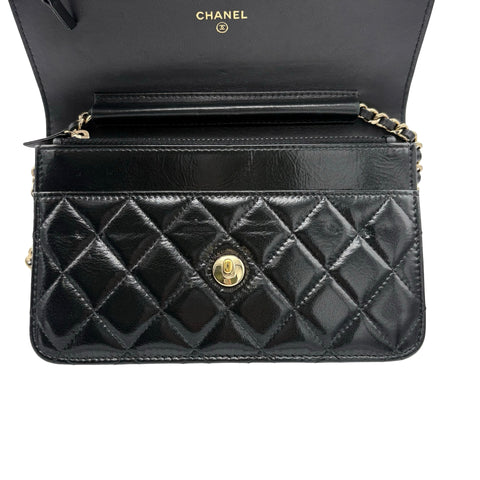 [Pre-owned] CHANEL Pearl Charms Wallet on Chain Bag, 27-series (2018–2019), Black, Calfskin, Used Bag